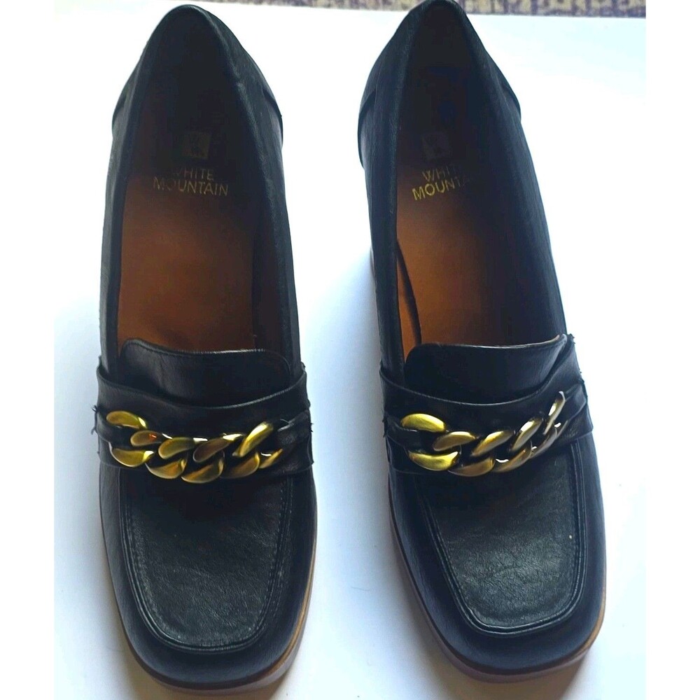 White Mountain Manning BLACK heeled loafers chunky metallic 2 Toned Chain Sz 9
